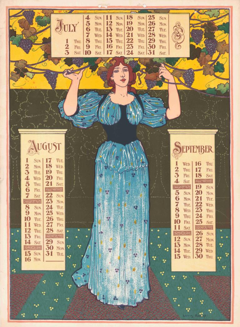 Poster calendar for 1897. July, August , September,Louis Rhead,Illustration,Illustration, 1girl, dress, solo