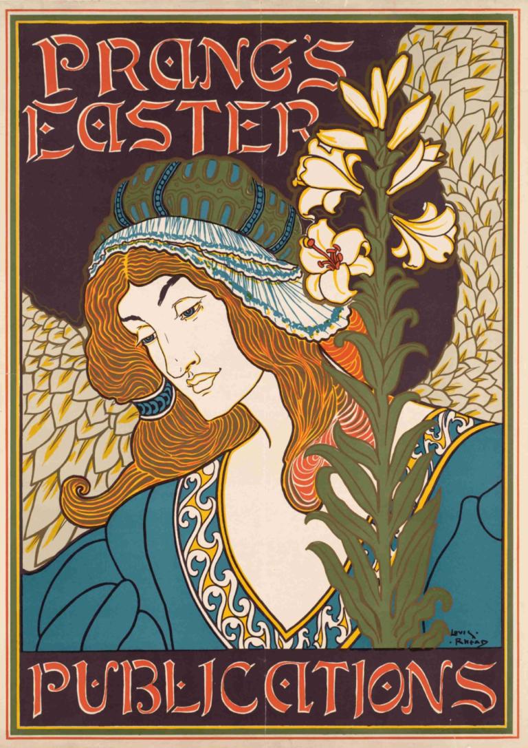 Prang's Easter publications,Louis Rhead,Illustration,Illustration, solo, flower, fine art parody, brown hair