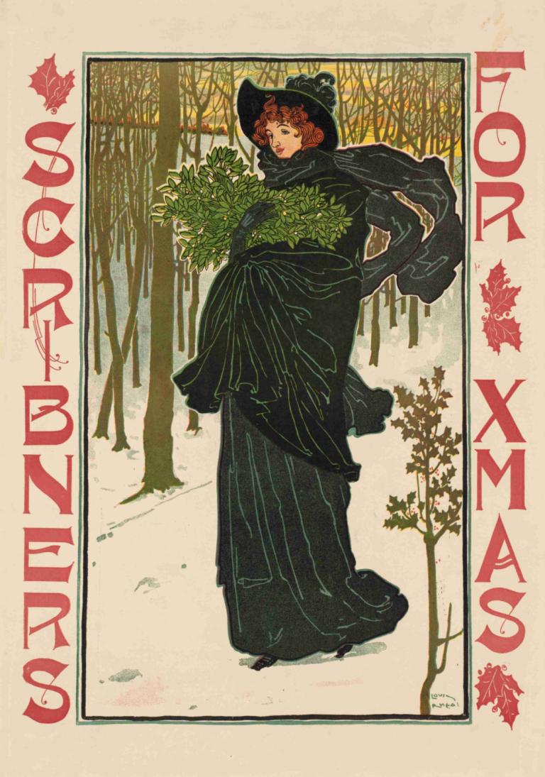 Scribners for Xmas,Louis Rhead,Illustration,Illustration, 1girl, solo, hat, dress, black dress, scarf