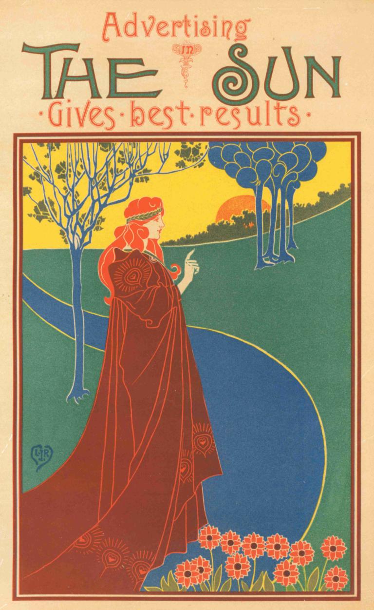 The Sun,Louis Rhead,Illustration,Illustration, flower, solo, tree, long hair, 1girl, cape, 1boy, standing