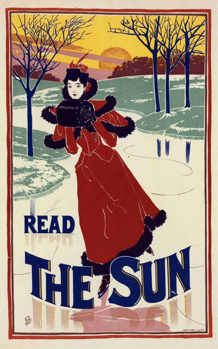 The Sun,Louis Rhead,Illustration,Illustration, 1girl, solo, black hair, tree, dress, gloves, short hair