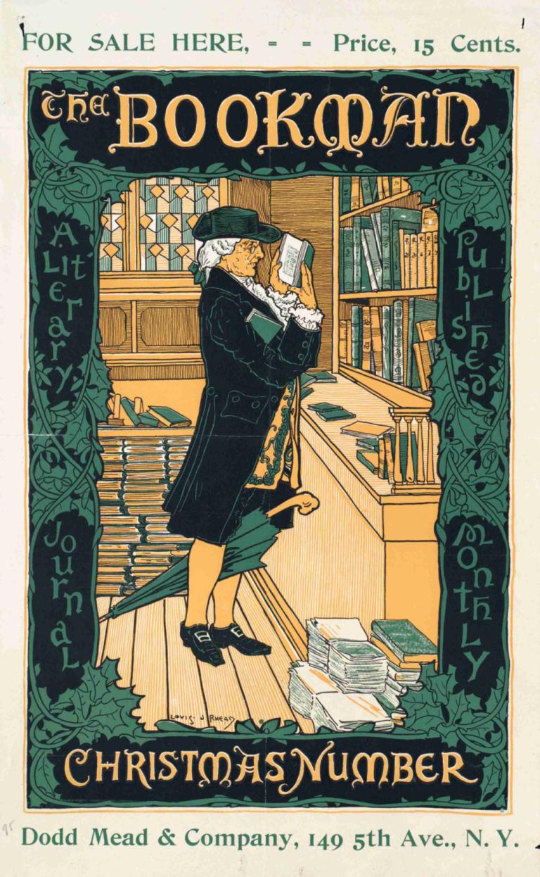 The bookman Christmas number,Louis Rhead,Illustration,Illustration, solo, book, 1boy, black footwear