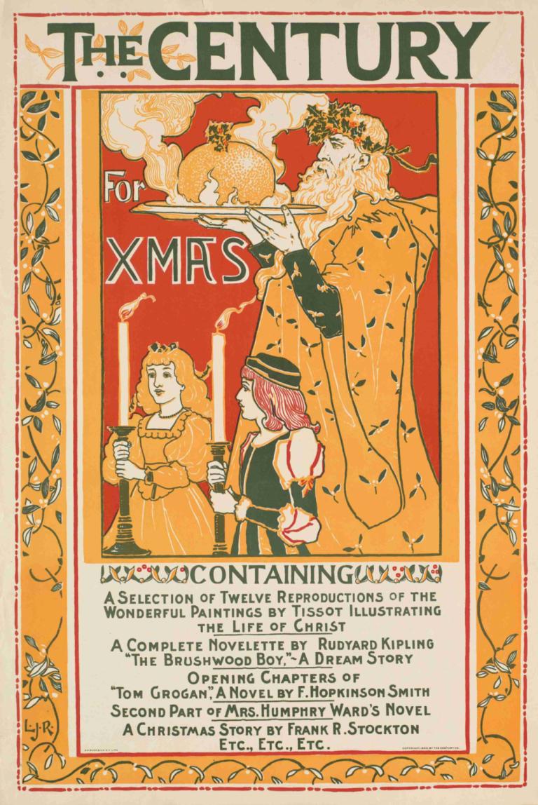 The century for Xmas,Vuosisata jouluksi,Louis Rhead,Kuva,Kuva, useita tyttöjä, miekka, ase, ruokaa, pitämällä