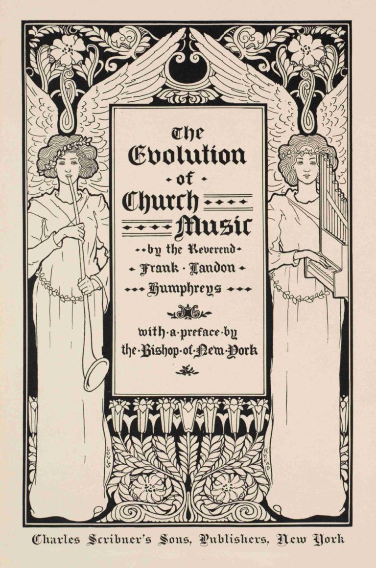 The evolution of church music,教會音樂的演變,Louis Rhead,路易斯·雷黑德,插畫,插畫, 單色, 翅膀, 保持, 2個女孩, 英文文本, 多個女孩, 樂器, 長袍, 珠寶, 灰階