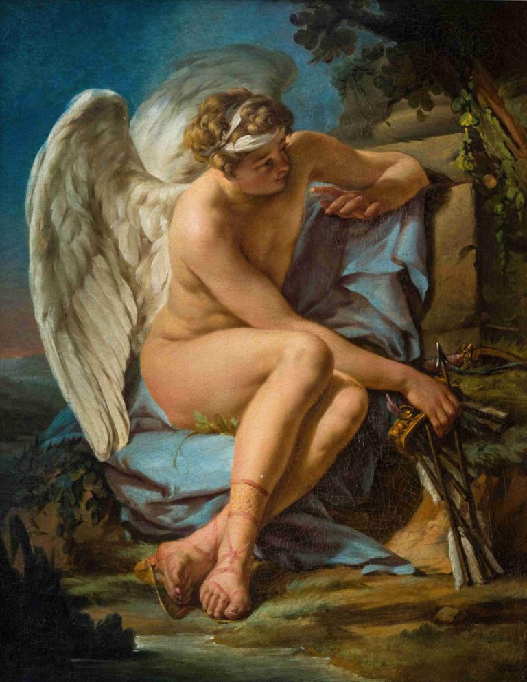 L'Amour à l'affût,Louis-Jean-François Lagrenée,Oil Painting,Oil Painting, fine art parody, 1girl, wings, nude