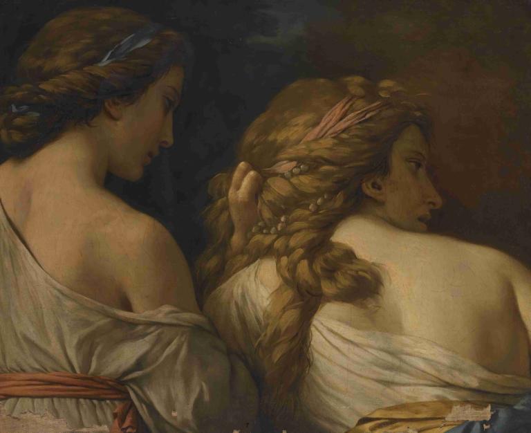 Two Nymphs,Kaksi nymfiä,Louis-Jean-François Lagrenée,Öljymaalaus,Öljymaalaus, punos, pitkät hiukset