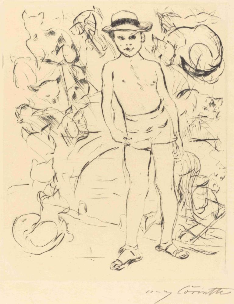 Boy Wearing Bathing-Trunks and Straw Hat (Knabe mit Badehose und Strohhut)