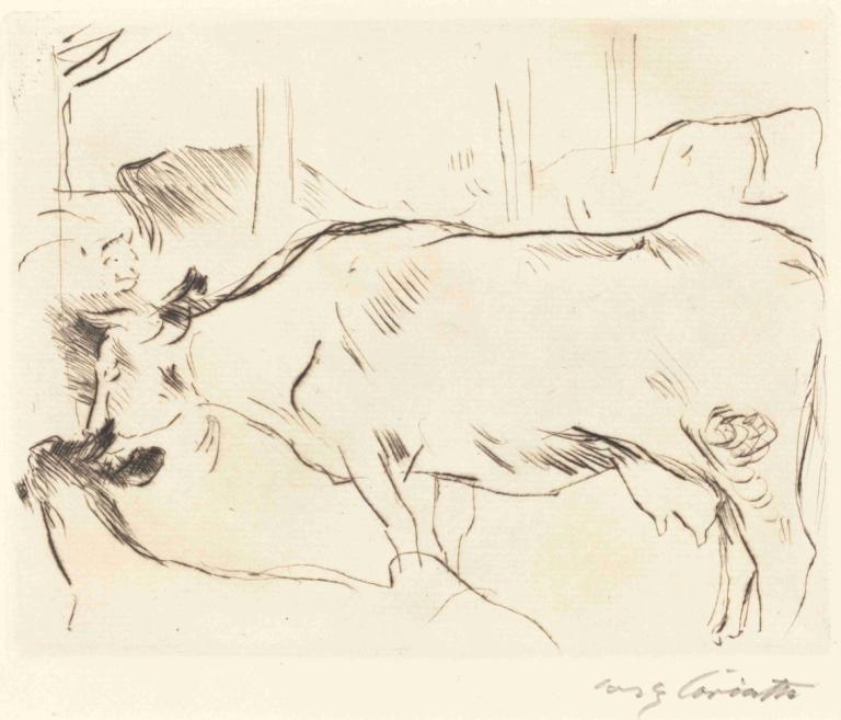 Cow Barn - II (Kuhstall II),Lovis Corinth,Sketch,Sketch, monochrome, animal, sketch, solo, cat, sleeping