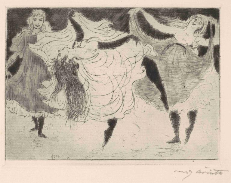 Dancers (Tanzerinnen),Lovis Corinth,Copperplate Etching,Copperplate Etching, long hair, multiple girls, dress