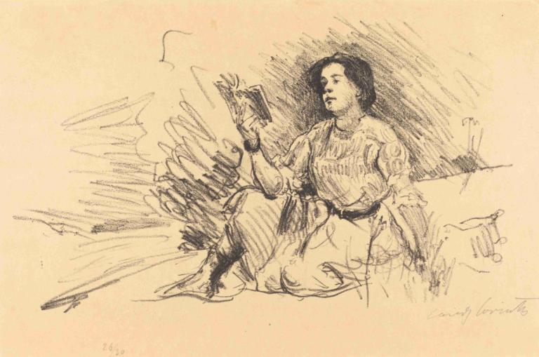 Girl Reading (Lesendes Mädchen),《女孩閱讀》(Lesendes Mädchen),Lovis Corinth,洛維斯·科林斯,素描,素描, 書, 獨奏, 1男孩, 單色, 男性焦點