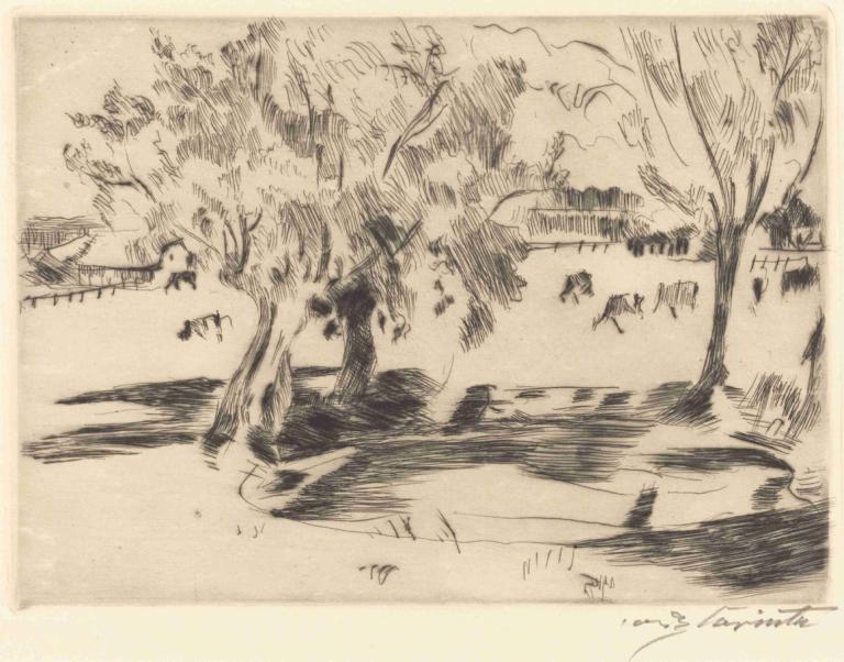 Landscape with Cows (Landschaft mit Kühen),有牛的風景(Landschaft MIT Kühen),Lovis Corinth,洛維斯·科林斯,銅版畫,銅版畫, 樹, 單色