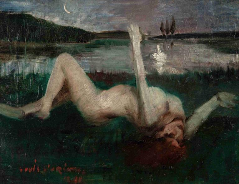 Leda,樂達,Lovis Corinth,洛維斯·科林斯,油畫,油畫, 裸體, 1個女孩, 獨奏, 完全裸體, 新月, 月亮, 乳房, 說謊, 紅髮, 反射, 美術模仿, 水, 閉著眼睛, 中等乳房, 天空, 赤腳