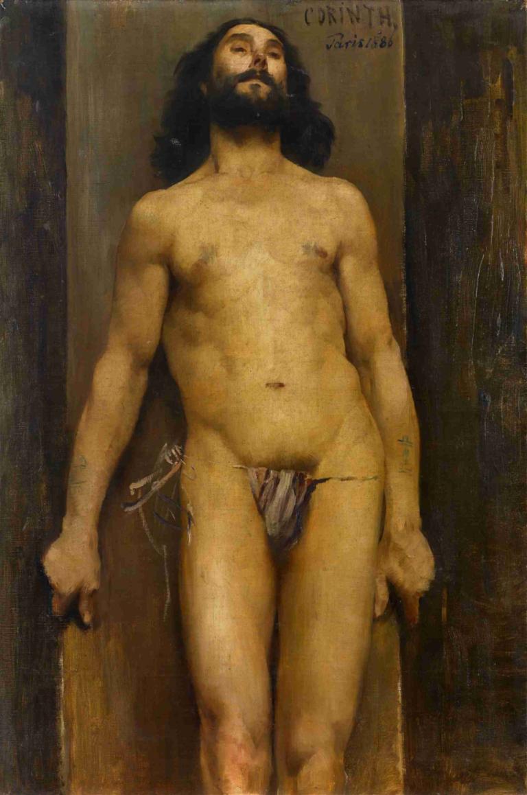 Male Nude,男性裸體,Lovis Corinth,洛維斯·科林斯,油畫,油畫, 男性焦點, 1男孩, 獨奏, 鬍子, 鬍鬚, 實際的, 黑髮, 臍, 內衣, 美術模仿, 乳頭, 常設, 鬍子, 戲仿