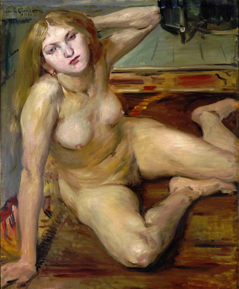 Nude Girl on a Rug,地毯上的裸體女孩,Lovis Corinth,洛維斯·科林斯,油畫,油畫, 1個女孩, 獨奏, 乳頭, 乳房, 裸體, 長髮, 金髮, 實際的, 女性陰毛, 美術模仿, 坐著