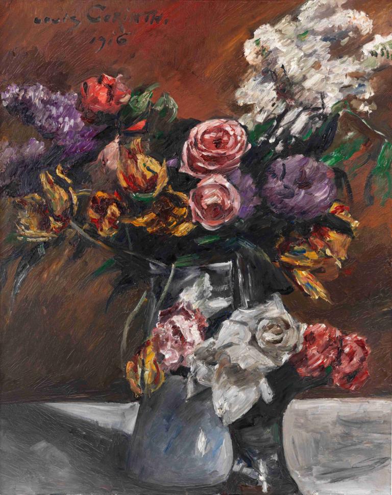 Rosen, Tulpen und Flieder,장미, 튤립, 라일락,Lovis Corinth,로비스 코린트,오일 페인팅,오일 페인팅, 꽃, 장미, 꽃다발, 빨간 꽃, 독주, 인간은 없어