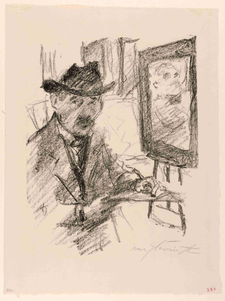 Self-Portrait,Lovis Corinth,Sketch,Sketch, monochrome, hat, 1boy, formal, male focus, solo, suit, sketch