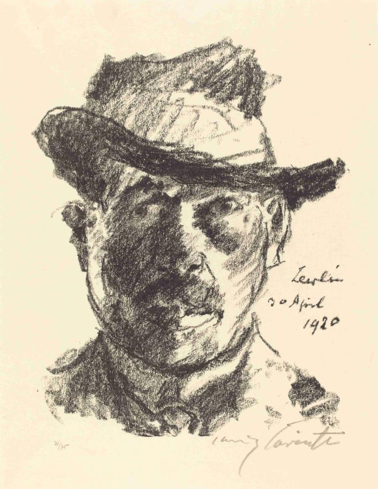 Self-Portrait (Selbstbildnis) II,자화상 II,Lovis Corinth,로비스 코린트,스케치,스케치, 1남, 독주, 모자, 단색화, 남성 집중, 날짜가 있는, 전통 미디어