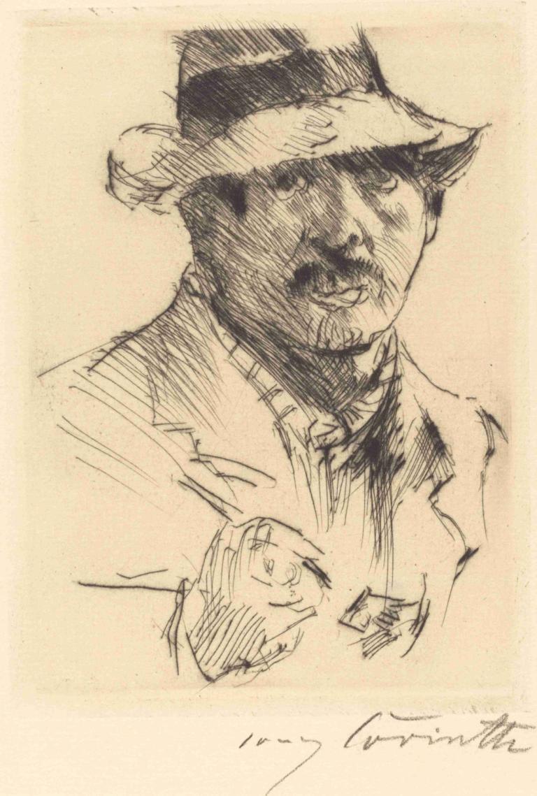 Self-Portrait (Selbstbildnis) III,자화상 III,Lovis Corinth,로비스 코린트,스케치,스케치, 1남, 모자, 남성 집중, 스케치, 독주, 단색화, 전통 미디어