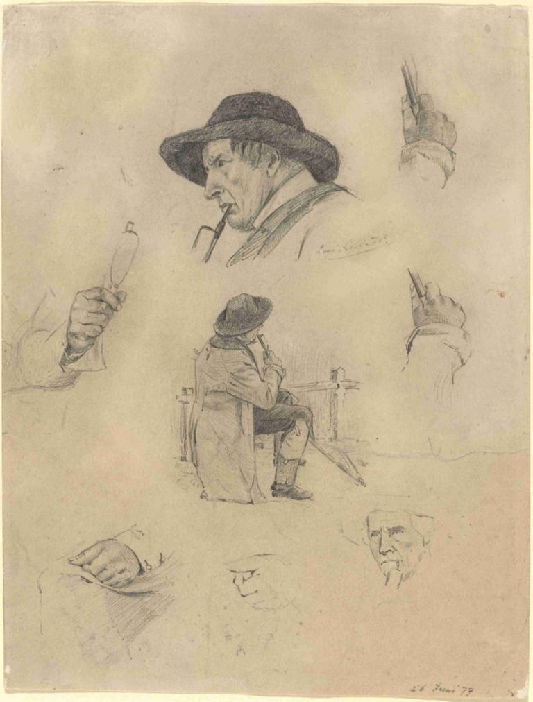 Sheet of Sketches,Lovis Corinth,Sketch,Sketch, hat, traditional media, 1boy, monochrome, sitting, male focus