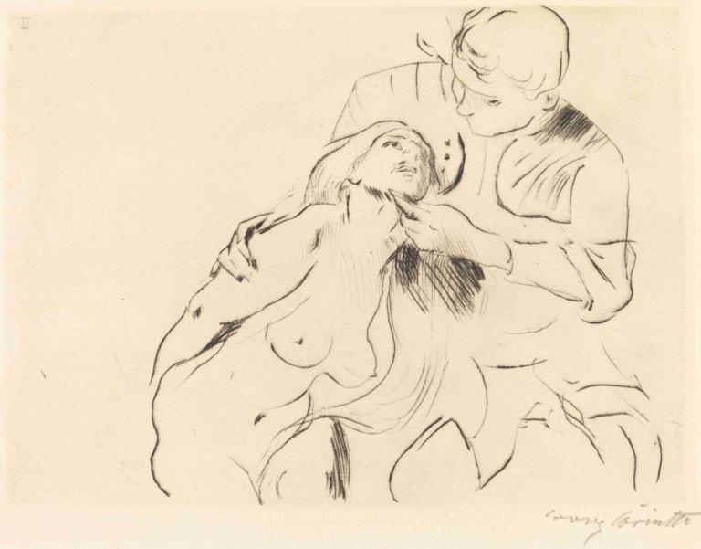 The Reconciliation (Versöhnung),Lovis Corinth,Sketch,Sketch, 1girl, 1boy, breasts, nipples, nude, hetero