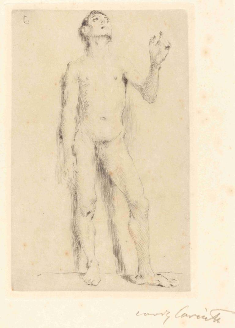 Young Male Nude (Jünglingsakt),Lovis Corinth,Sketch,Sketch, 1boy, male focus, solo, monochrome, sketch