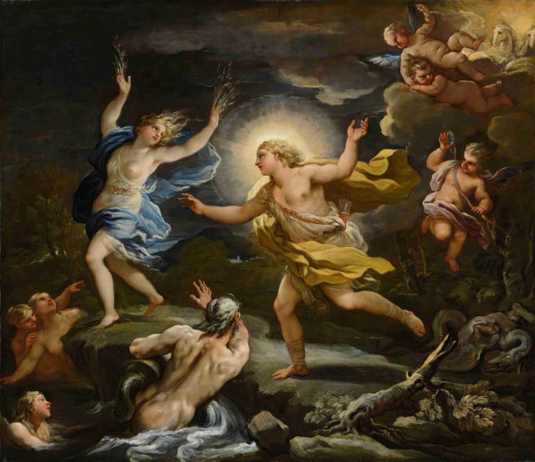 Apollo And Daphne,Apolo y Dafne,Luca Giordano,Pintura al óleo,Pintura al óleo, parodia de bellas artes