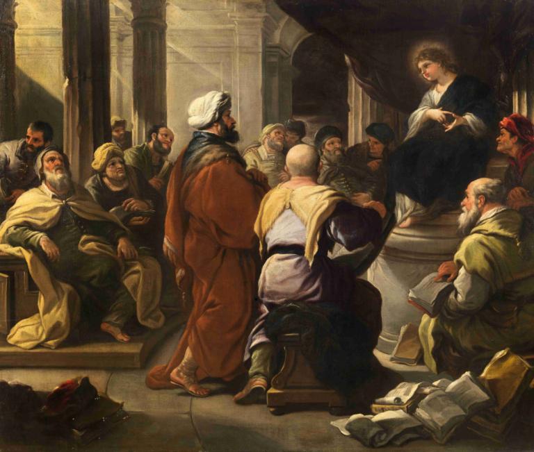 Christ among the Doctors,Luca Giordano,Oil Painting,Oil Painting, multiple boys, fine art parody, 6+boys