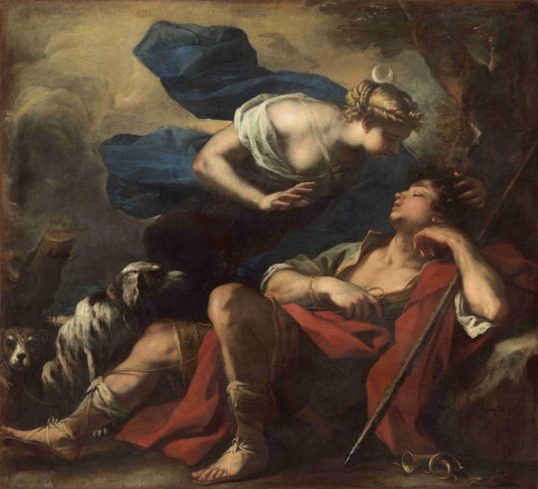 Diana and Endymion,Luca Giordano,Oil Painting,Oil Painting, fine art parody, blonde hair, 1boy, dog, jewelry