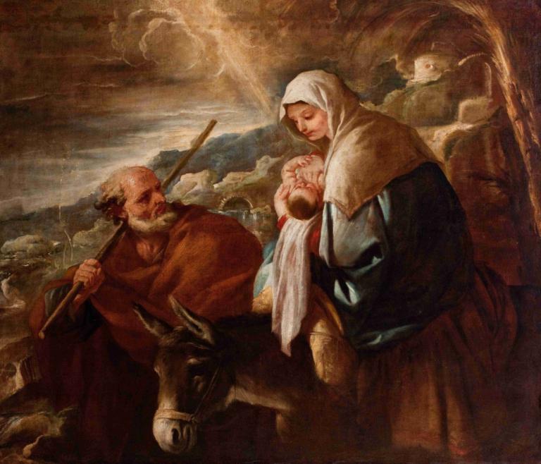 Flight into Egypt,エジプトへの飛行,Luca Giordano,ルカ・ジョルダーノ,油絵,油絵, 美術パロディ, 馬, あごひげ, 複数の男の子, 顔の毛, 古い, ローブ, 1女の子