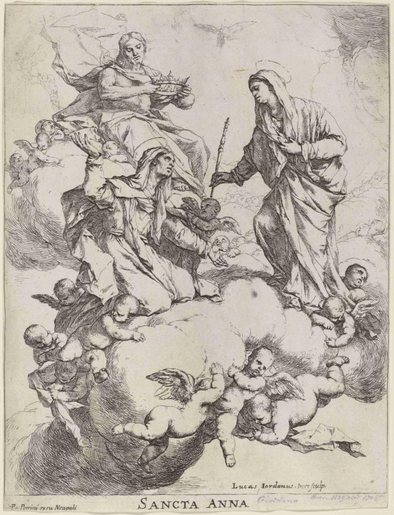 Saint Anne Received by the Virgin and Christ,圣母和基督接见圣安妮,Luca Giordano,卢卡-乔尔达诺,铜版画,铜版画, 单色, 长袍, 职员, 多个男孩, 保持