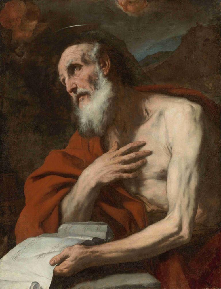 St. Jerome,Luca Giordano,Oil Painting,Oil Painting, 1boy, male focus, fine art parody, solo, beard