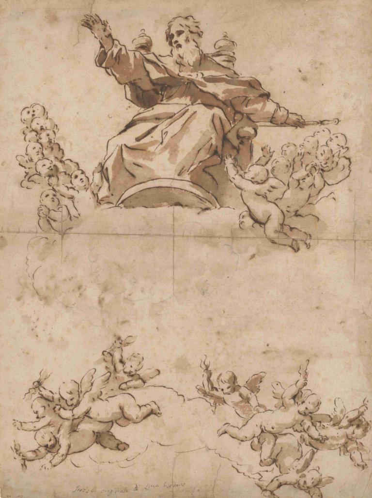 The Almighty with Angels,Cel Atotputernic cu îngerii,Luca Giordano,Gravura din cupru,Gravura din cupru, sepia