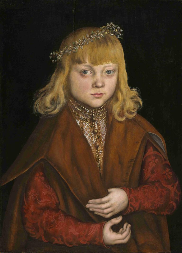 A Prince of Saxony,薩克森王子,Lucas Cranach the Elder,盧卡斯·克蘭奇長老,油畫,油畫, 獨奏, 金髮, 1個女孩, 美術模仿, 藍眼睛, 實際的, 黑色背景, 頭花環, 珠寶