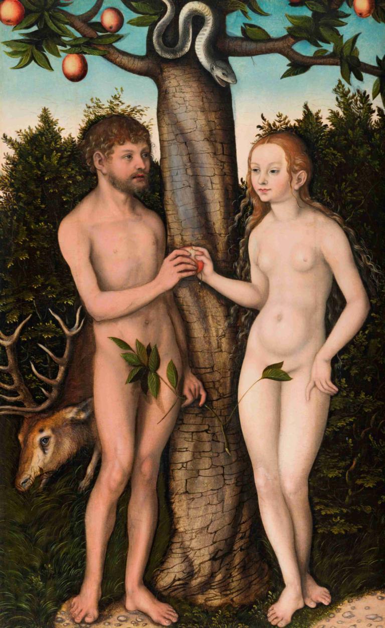 Adam and Eve,Lucas Cranach the Elder,Oil Painting,Oil Painting, 1girl, fruit, food, 1boy, apple, nude, tree