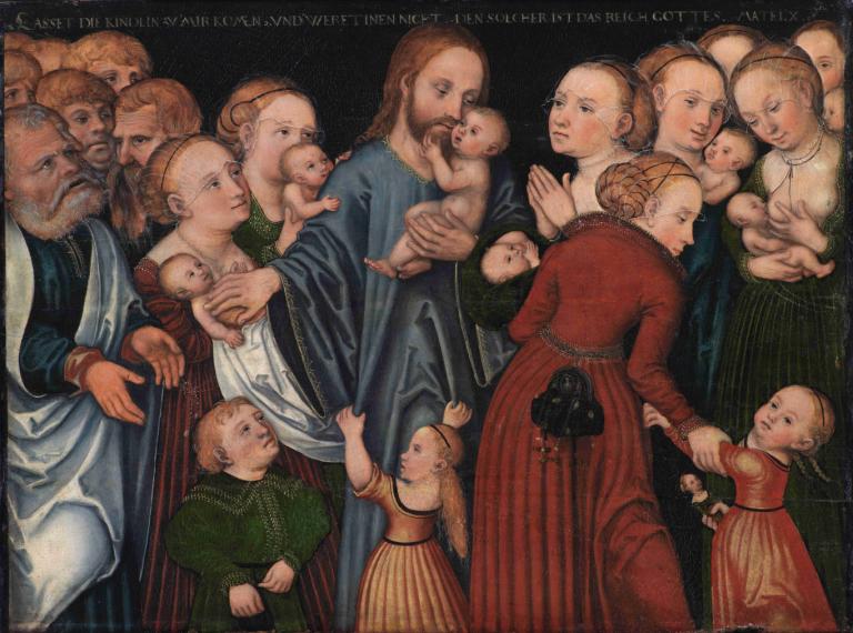 Christ Blessing the Children,Lucas Cranach the Elder,Oil Painting,Oil Painting, baby, multiple girls, dress