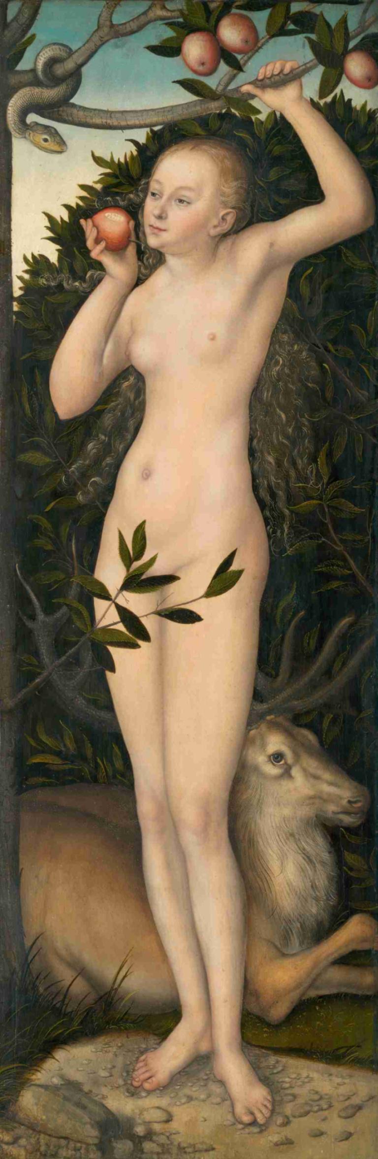 Eve,前夜,Lucas Cranach the Elder,盧卡斯·克蘭奇長老,油畫,油畫, 水果, 1個女孩, 食物, 裸體, 蘋果, 獨奏, 乳頭, 赤腳, 方便的審查, 美術模仿, 金髮, 臍, 拿著水果