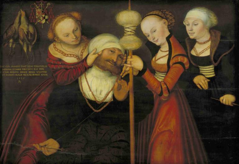 Hercules with Omphale,Lucas Cranach the Elder,Oil Painting,Oil Painting, multiple girls, jewelry, dress