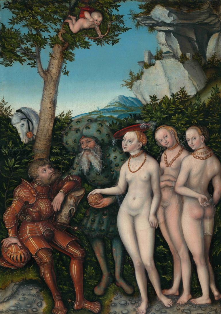 Judgment of Paris,Lucas Cranach the Elder,Oil Painting,Oil Painting, fine art parody, nude, tree