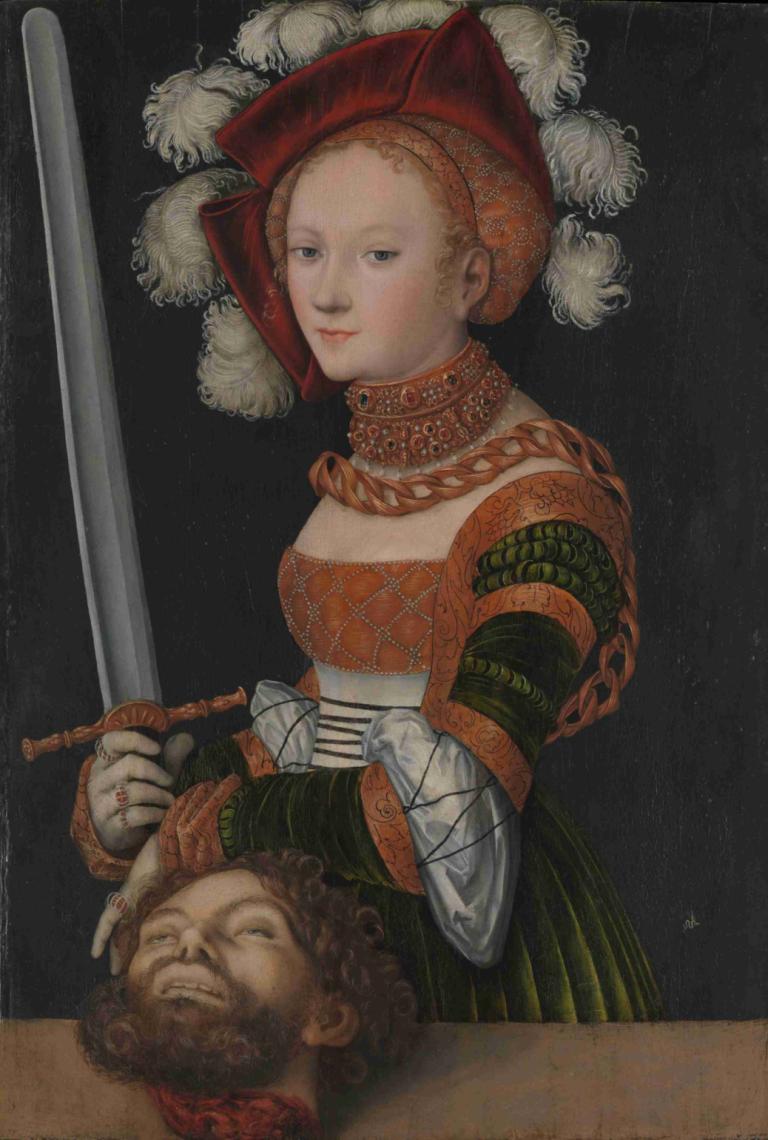 Judith with the Head of Holofernes,Lucas Cranach the Elder,Oil Painting,Oil Painting, 1girl, weapon, sword