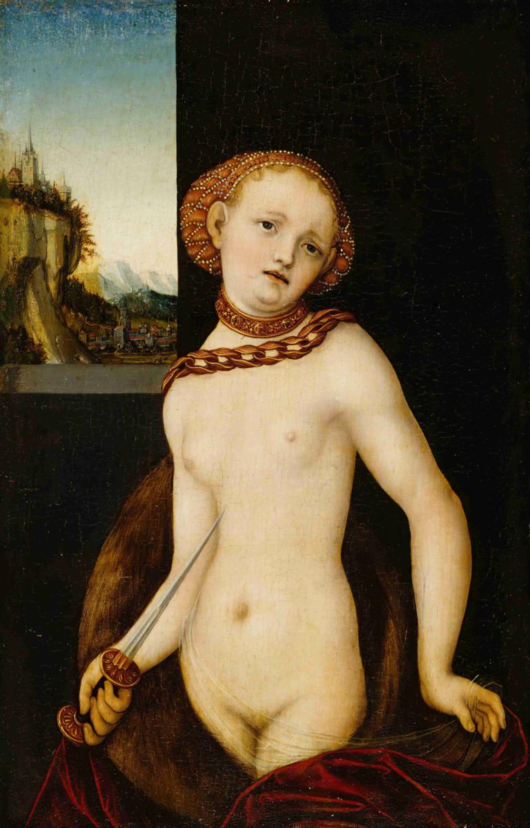 Lucretia,Lucas Cranach the Elder,Oil Painting,Oil Painting, 1girl, fine art parody, solo, nipples, weapon