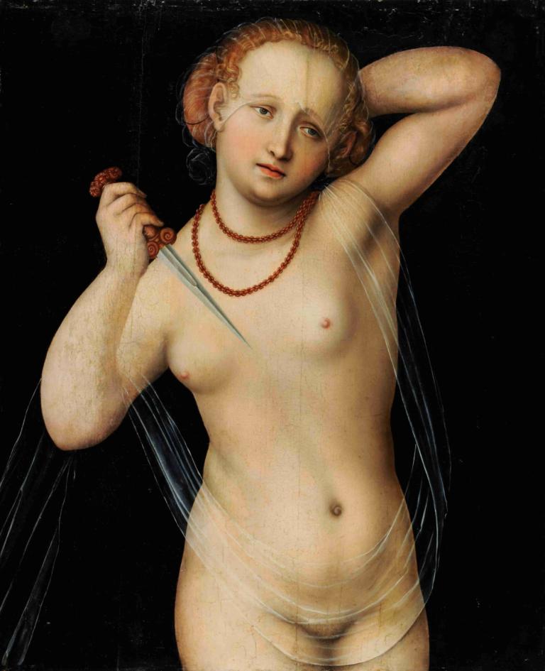 Lucretia,ルクレチア,Lucas Cranach the Elder,長老ルーカス・クラナッハ,油絵,油絵, 1女の子, ソロ, 乳首, ナイフ, ジュエリー, へそ, ネックレス, 胸, ヌード