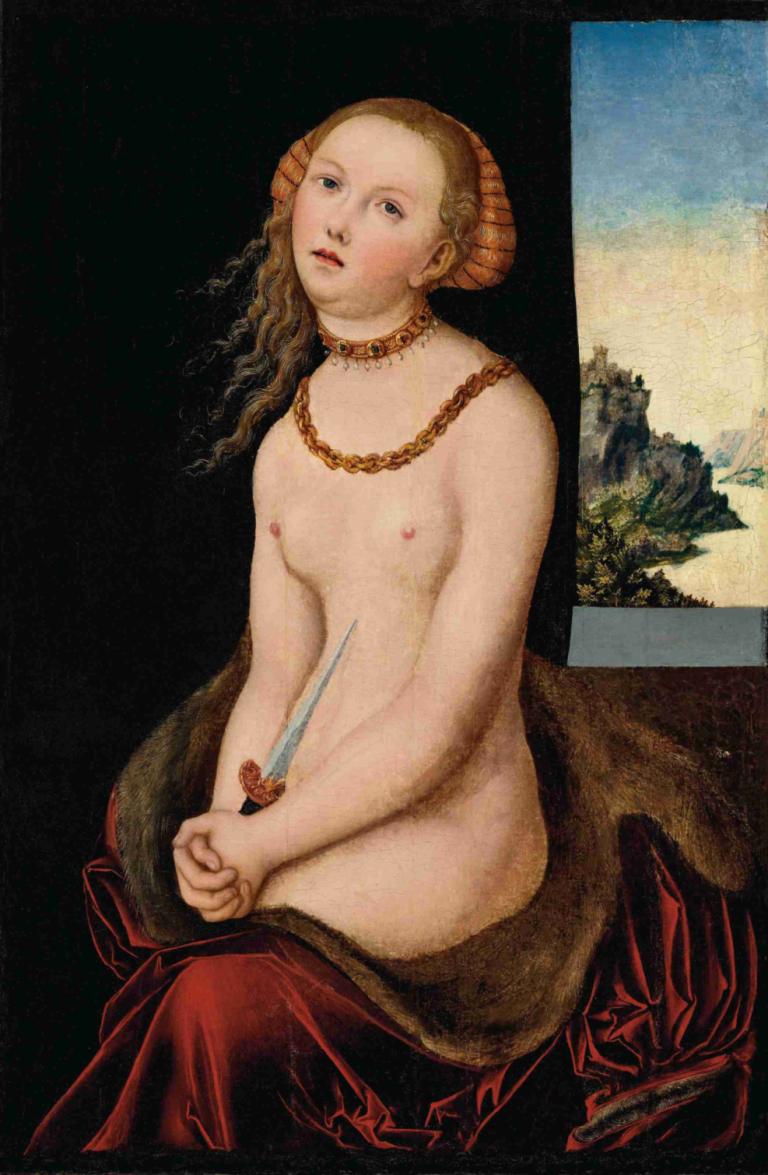 Lucretia,Lucas Cranach the Elder,Oil Painting,Oil Painting, 1girl, fine art parody, solo, nipples, necklace