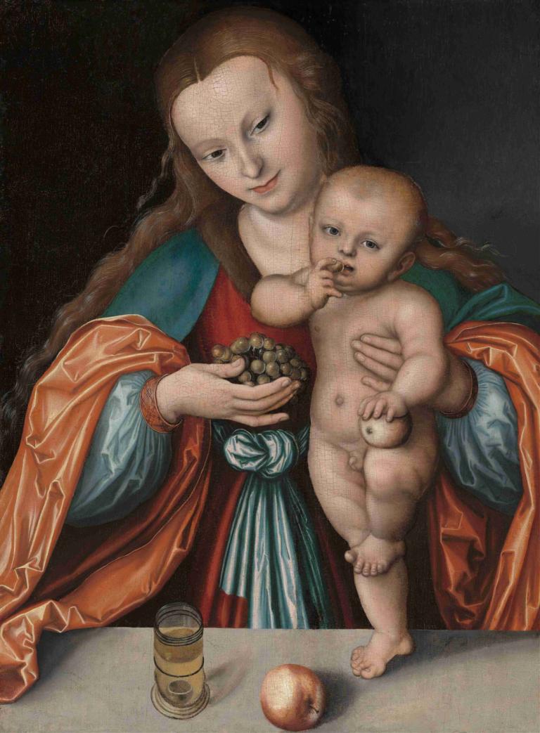 Madonna and Child,聖母子,Lucas Cranach the Elder,長老ルーカス・クラナッハ,油絵,油絵, 美術パロディ, フルーツ, 長い髪, 食べ物, 1女の子, 赤ちゃん, ホールディング