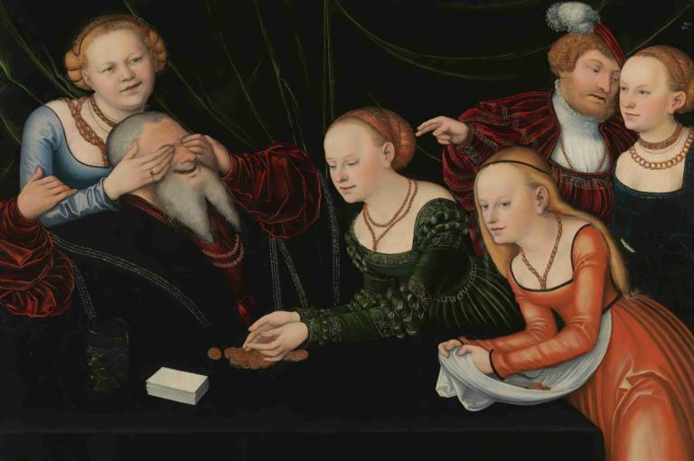 Old Man Beguiled By Courtesans,花魁に惑わされる老人,Lucas Cranach the Elder,長老ルーカス・クラナッハ,油絵,油絵, 複数の女の子, 美術パロディ, 何