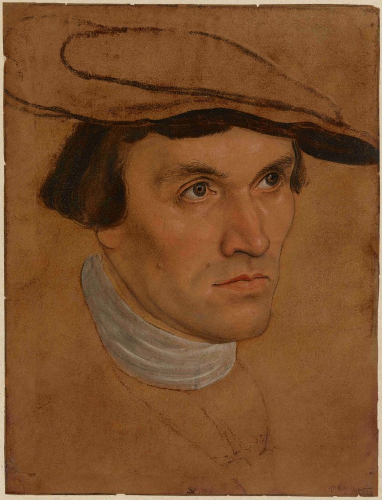 Portrait of a Man,一個男人的肖像,Lucas Cranach the Elder,盧卡斯·克蘭奇長老,油畫,油畫, 獨奏, 男性焦點, 1男孩, 帽子, 肖像, 棕色的頭髮, 實際的, 棕色背景