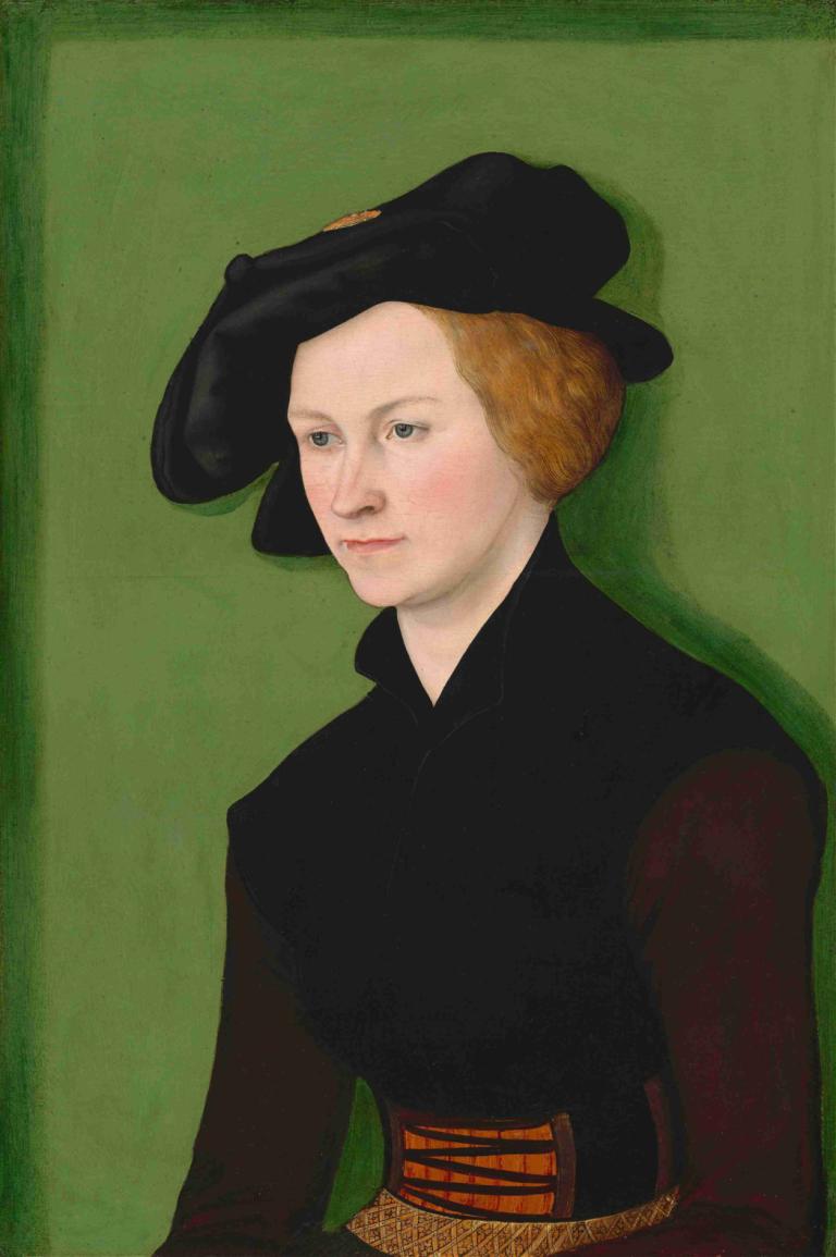 Portrait of a Woman,Lucas Cranach the Elder,Oil Painting,Oil Painting, solo, hat, green background