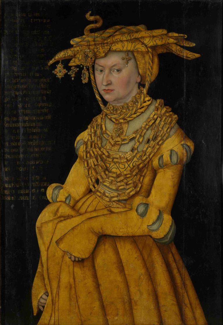 Portrait of the Duchess Catherine,公爵夫人凱薩琳的肖像,Lucas Cranach the Elder,盧卡斯·克蘭奇長老,油畫,油畫, 獨奏, 1個女孩, 裙子, 長袖, 黑色背景