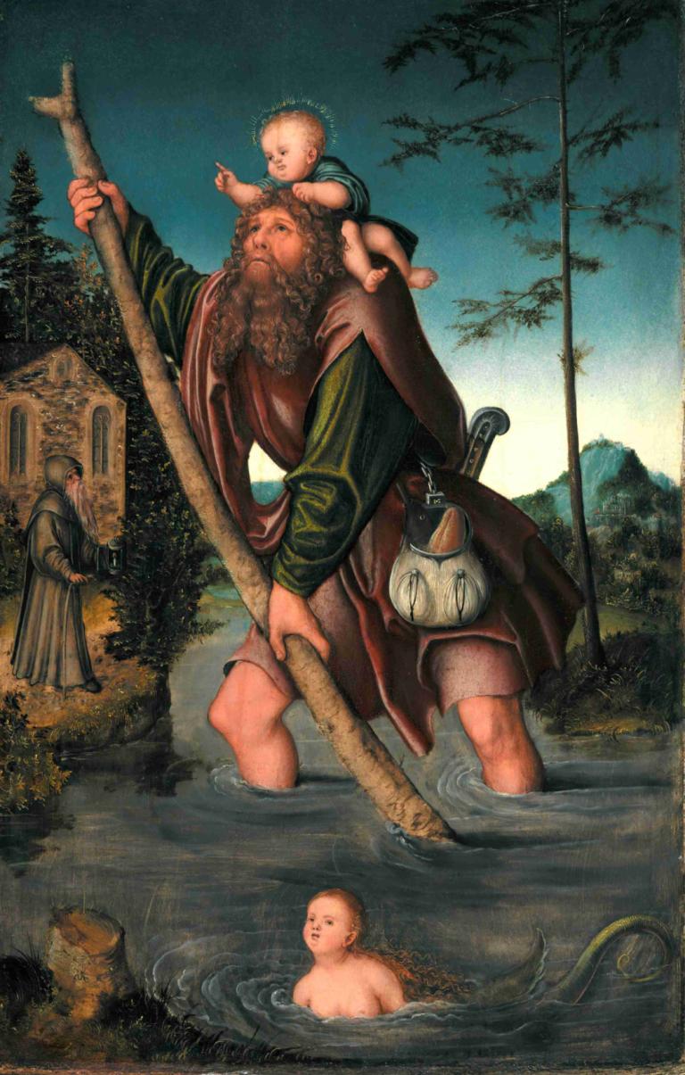 Saint Christopher,Lucas Cranach the Elder,Oil Painting,Oil Painting, multiple boys, water, fine art parody