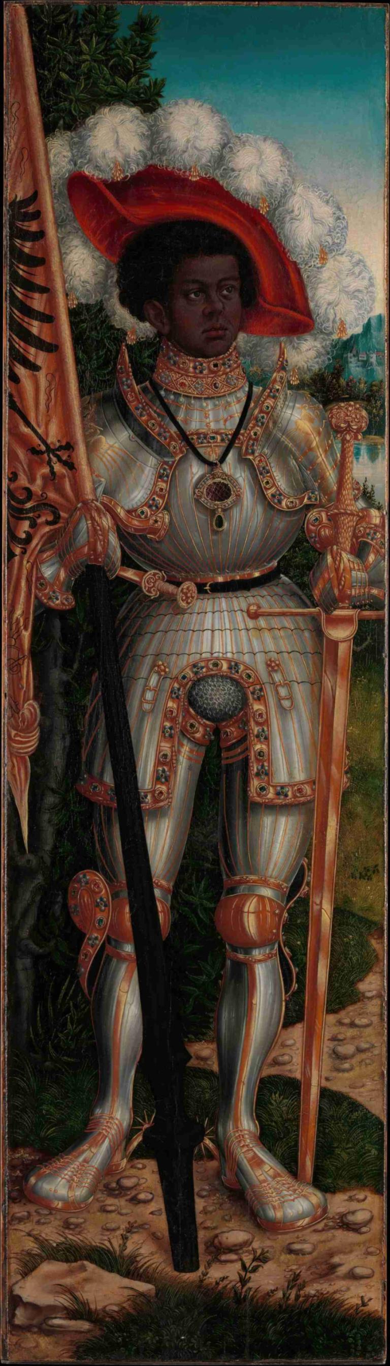 Saint Maurice,圣莫里斯,Lucas Cranach the Elder,老卢卡斯-克拉纳赫,油画,油画, 盔甲, 武器, 独奏, 剑, 1个女孩, 暗黑皮肤, 户外, 保持, 链甲, 天空, 头盔