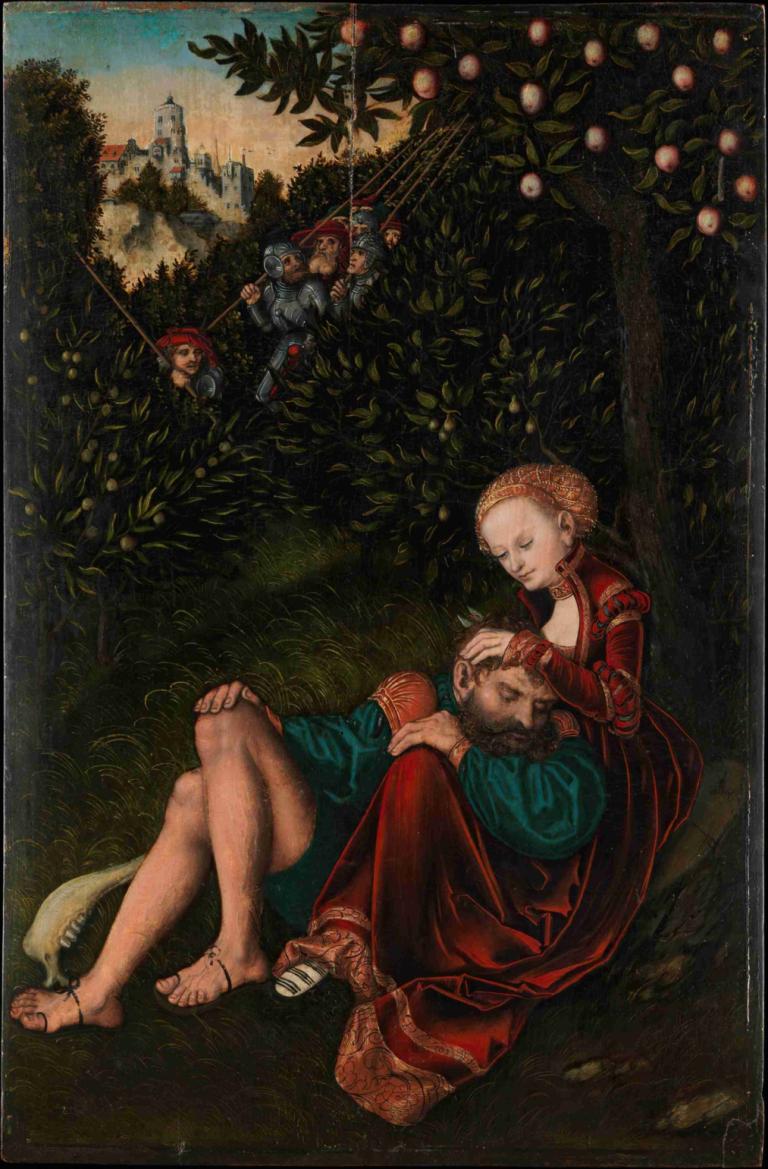 Samson and Delilah,サムソンとデリラ,Lucas Cranach the Elder,長老ルーカス・クラナッハ,油絵,油絵, フルーツ, サンダル, 木, 食べ物, 他人の頭に手を置く, 複数の女の子